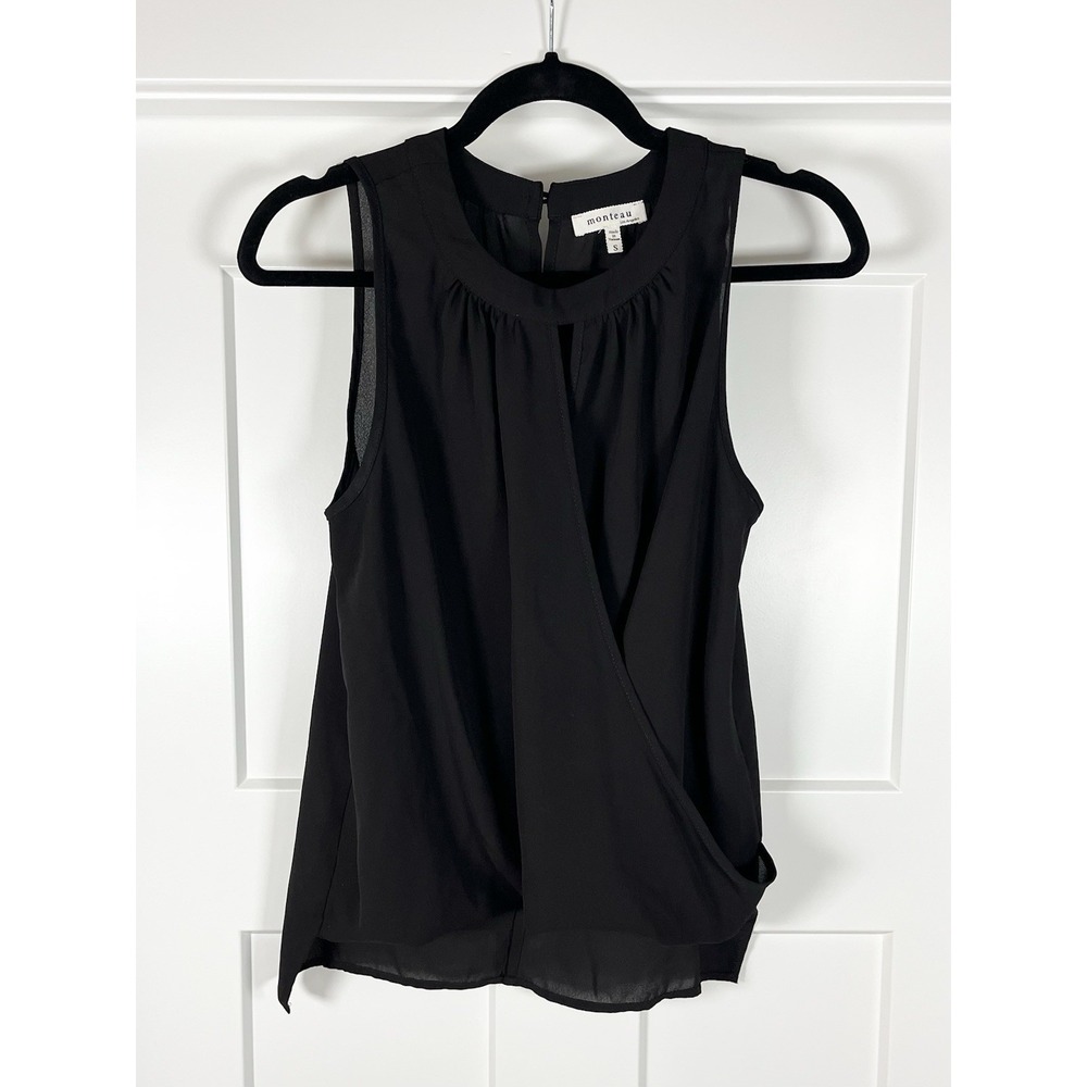 Monteau Sleeveless Faux Wrap Blouse Black Asymmetrical Hem Flowy Top Women's S